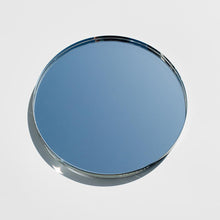 Load image into Gallery viewer, A circular glass mirror with a silver frame, designed as a diffuser tray.
